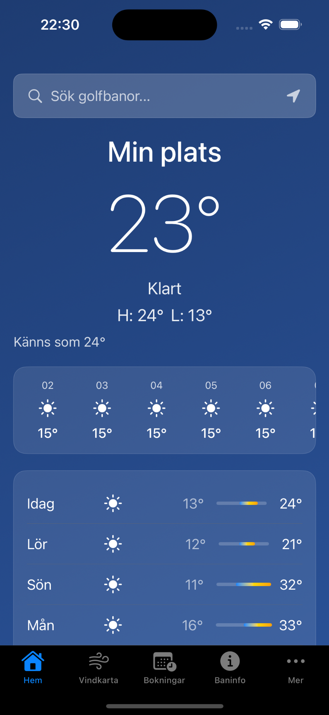 Golfväder app visar 10-dagars prognos med favoriter och flerspråksstöd